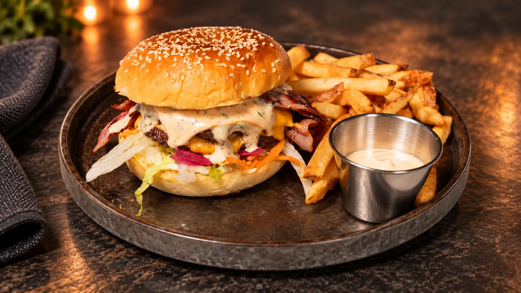 A burger from the menu